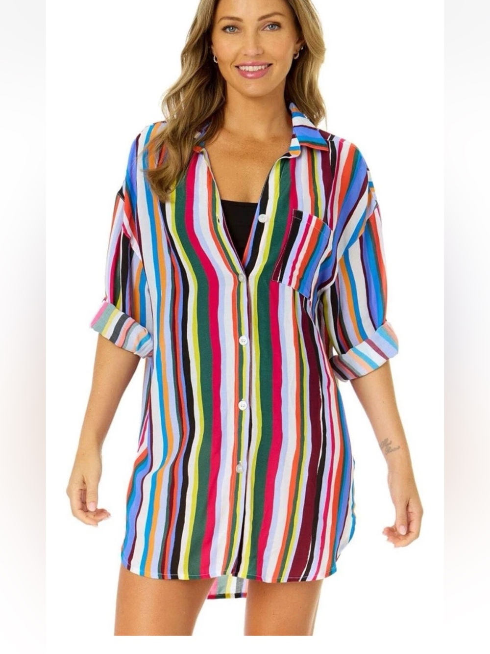 Anne Cole NWT L/XL Colorful Vertical Stripe Button-Down Tunic 💯 rayon COVERUP